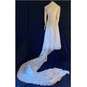 Custom Wedding Dress Size 2/4 EIGHT FOOT train Satin with lace, faux pearls, etc